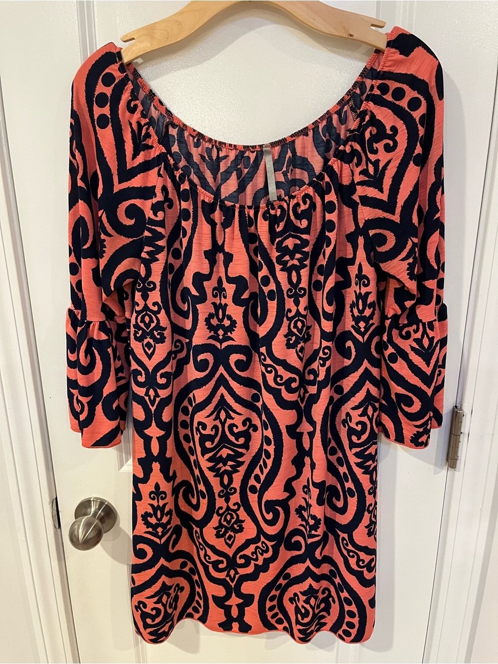 Women's Coral and Navy Patterned Off-Shoulder mini dress